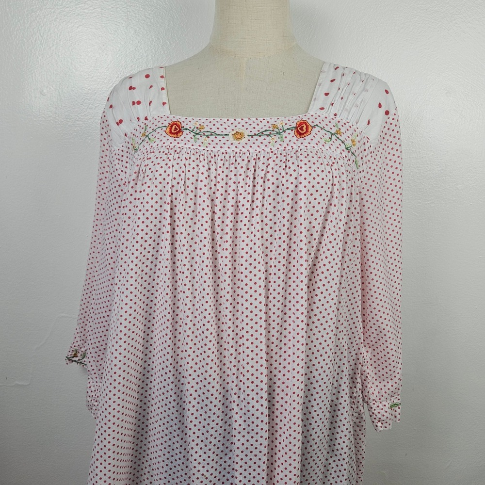 Vintage April Cornell Dot Embroidered Nightgown L Off White Red Lightweight
